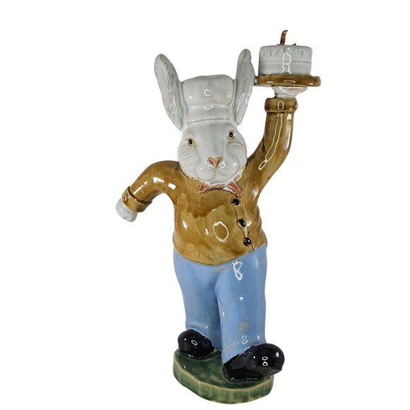 Andrea By Sadek Ceramic Bunny Rabbit Figurine Chef Walking Holding Cake *FLAW* - Picture 1 of 9